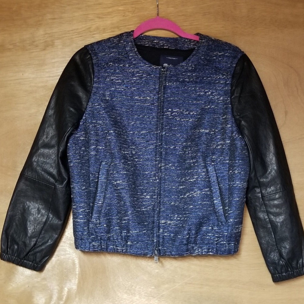 Madewell Metallic Blue Tweed Leather Sleeve Jacket